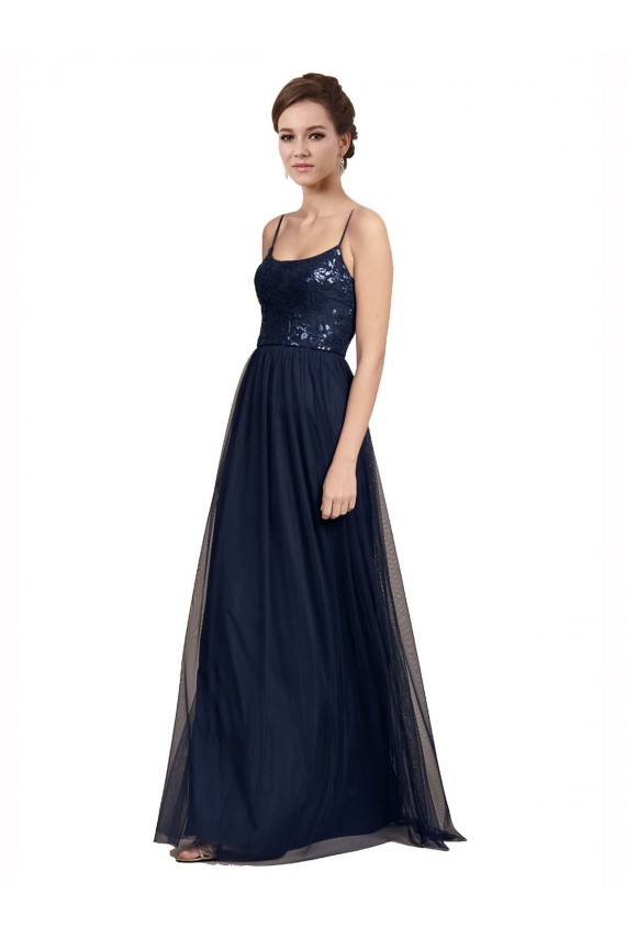 Marinha Negra Linha A Alças finas Tule & Renda Longo Vestidos de Madrinha Outlet