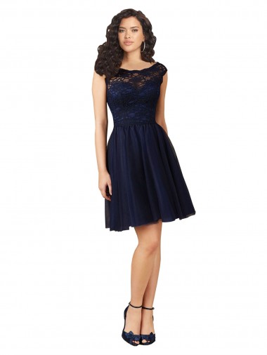 Marinha Negra Linha A Barco Tule & Renda Curto Vestidos de Madrinha / Vestidos de Homecoming Outlet