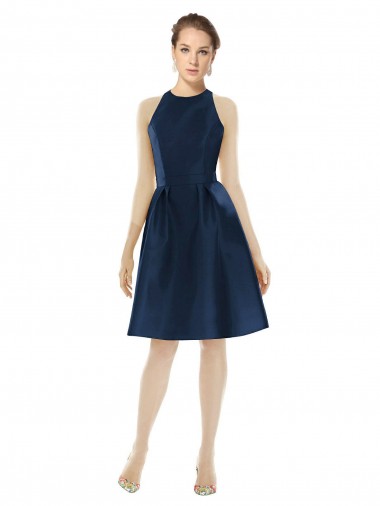Marinha Negra Linha A Cabeçada Comprimento Cocktail Cetim Curto Vestidos de Madrinha / Vestidos de Homecoming Outlet