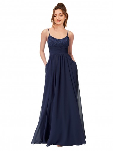Marinha Negra Linha A Colher Chiffon & Renda Longo Vestidos de Madrinha Outlet