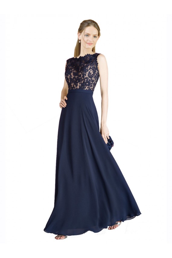 Marinha Negra Linha A Decote Ilusão Chiffon & Renda Longo Vestidos de Madrinha / Vestidos de Festa Outlet