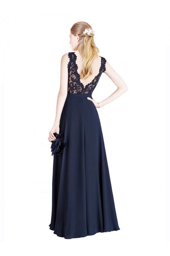 Marinha Negra Linha A Decote Ilusão Chiffon & Renda Longo Vestidos de Madrinha / Vestidos de Festa Outlet