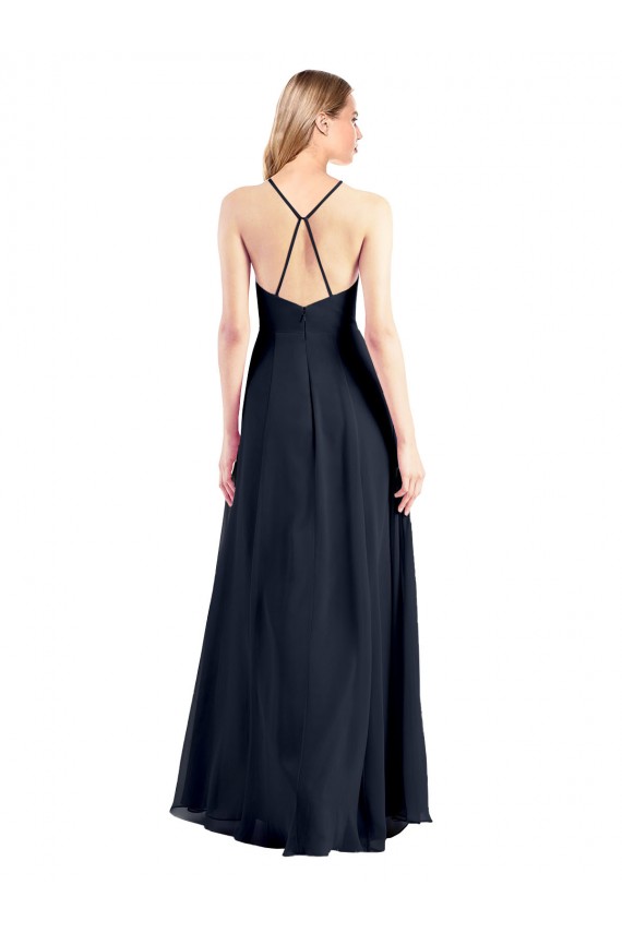 Marinha Negra Linha A Decote V Chiffon Longo Vestidos de Madrinha / Vestidos de Festa Outlet
