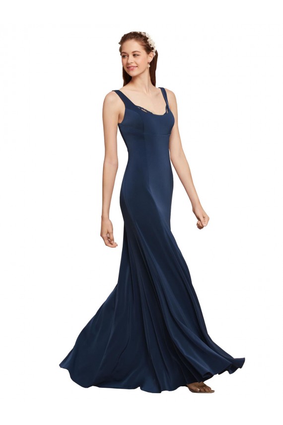 Marinha Negra Linha A Decote redondo Crepe Esticado Longo Formais Vestidos de Madrinha / Vestidos de Festa Outlet