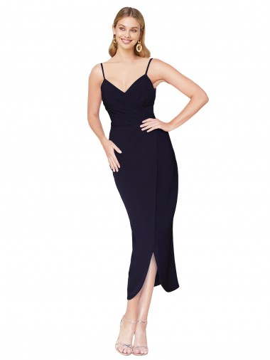 Marinha Negra Sereia Alças finas Alto Baixo Crepe Esticado Curto Alto Baixo Formais Vestidos de Madrinha / Vestidos de Festa Outlet
