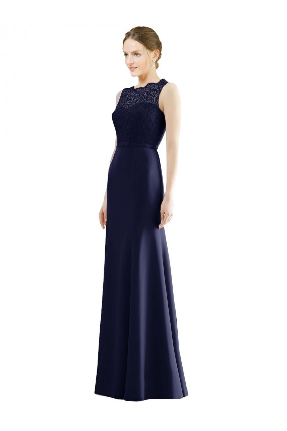 Marinha Negra Sereia Decote Ilusão Chiffon & Renda Longo Vestidos de Madrinha Outlet