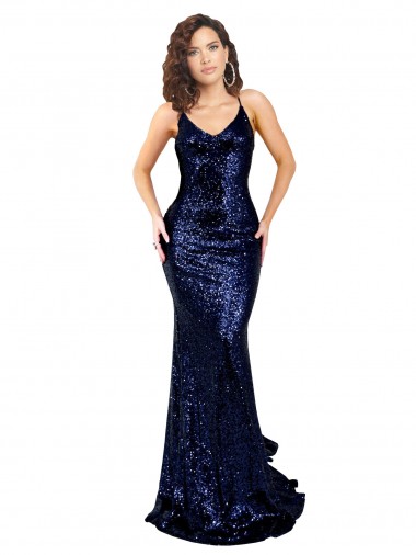 Marinha Negra Sereia Decote V Lantejoulas Longo Formais Vestidos de Madrinha / Vestidos de Festa Outlet
