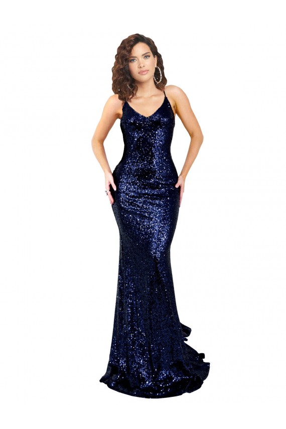 Marinha Negra Sereia Decote V Lantejoulas Longo Formais Vestidos de Madrinha / Vestidos de Festa Outlet