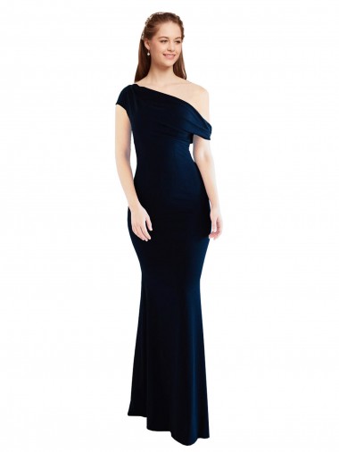 Marinha Negra Sereia Um Ombro Crepe Esticado Longo Formais Vestidos de Madrinha / Vestidos de Festa Outlet
