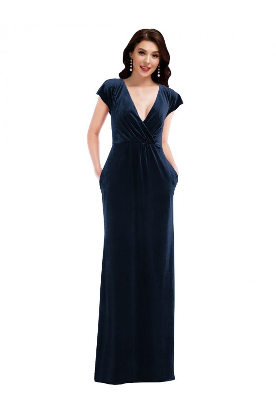 Marinha Negra Veludo Elástico Linha A Decote V Longo Formais Vestidos de Madrinha / Vestidos de Noite / Vestidos de Festa Outlet