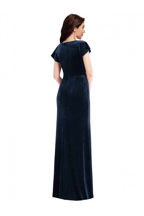 Marinha Negra Veludo Elástico Linha A Decote V Longo Formais Vestidos de Madrinha / Vestidos de Noite / Vestidos de Festa Outlet