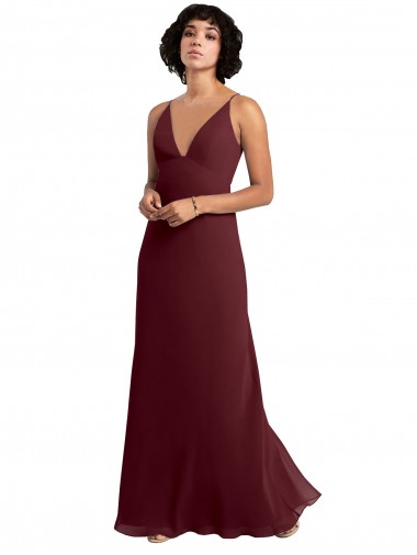 Ouro Borgonha Chiffon Linha A Costas em V Decote V Longo Vestidos de Madrinha Outlet