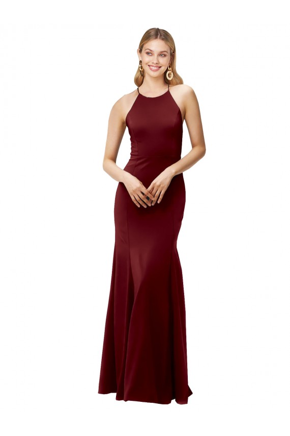 Ouro Borgonha Crepe Esticado Sereia Criss Cruz Decote Alto Longo Formais Vestidos de Madrinha / Vestidos de Noite / Vestidos de Festa Outlet