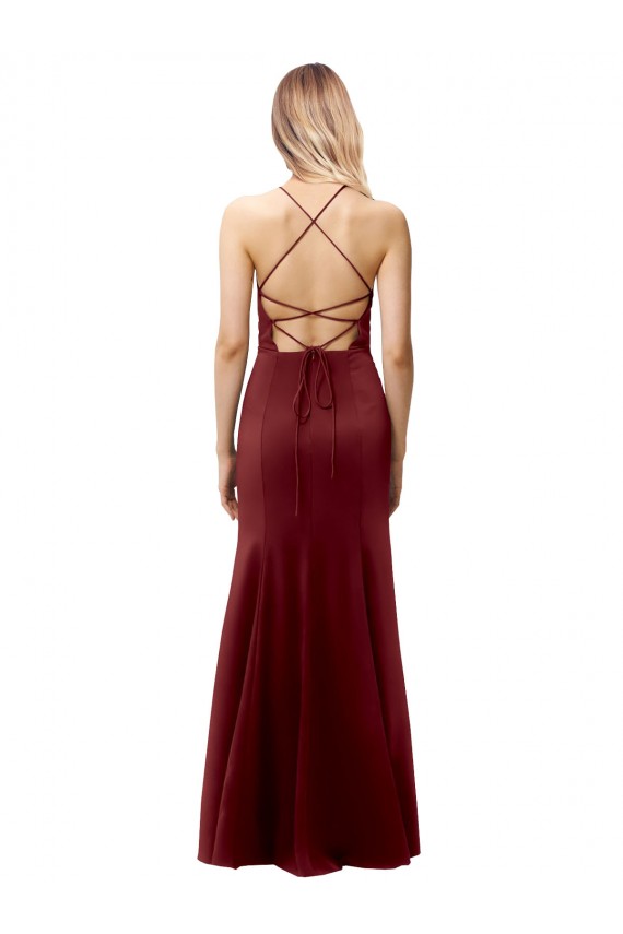 Ouro Borgonha Crepe Esticado Sereia Criss Cruz Decote Alto Longo Formais Vestidos de Madrinha / Vestidos de Noite / Vestidos de Festa Outlet