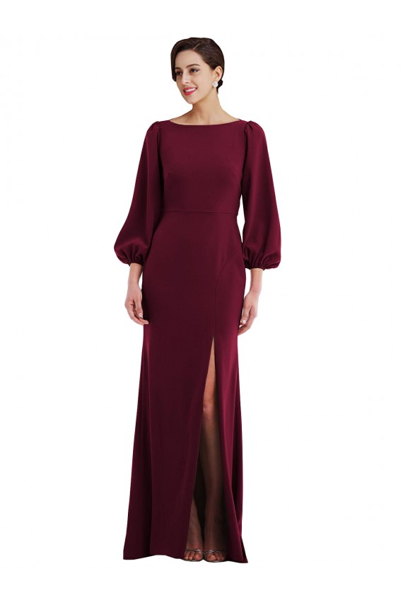 Ouro Borgonha Crepe Esticado Trombeta Mangas Compridas, Mangas Bispo Barco Longo Formais Vestidos de Madrinha / Vestidos de Noite / Vestidos de Festa Outlet