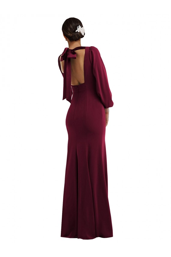 Ouro Borgonha Crepe Esticado Trombeta Mangas Compridas, Mangas Bispo Barco Longo Formais Vestidos de Madrinha / Vestidos de Noite / Vestidos de Festa Outlet
