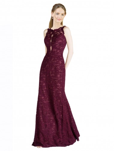 Ouro Borgonha Linha A Decote Ilusão Renda Longo Vestidos de Madrinha / Vestidos de Festa Outlet