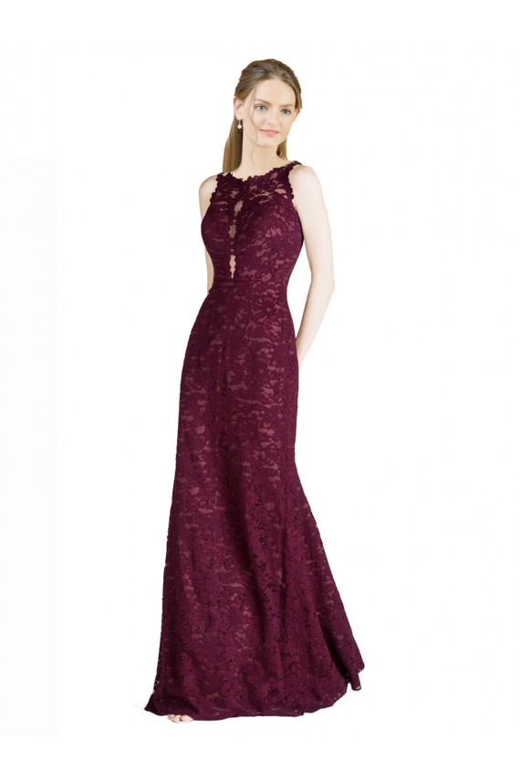 Ouro Borgonha Linha A Decote Ilusão Renda Longo Vestidos de Madrinha / Vestidos de Festa Outlet