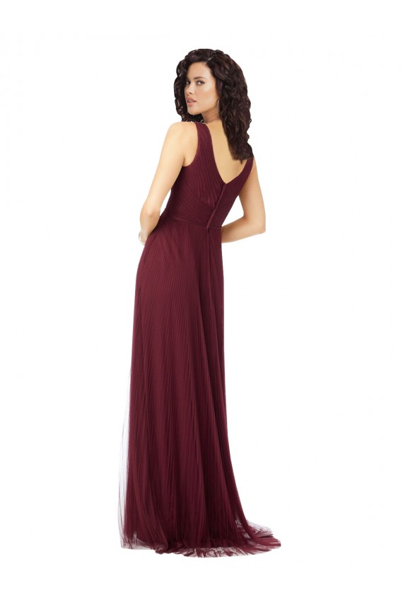 Ouro Borgonha Linha A Decote V Tule Longo Vestidos de Madrinha Outlet