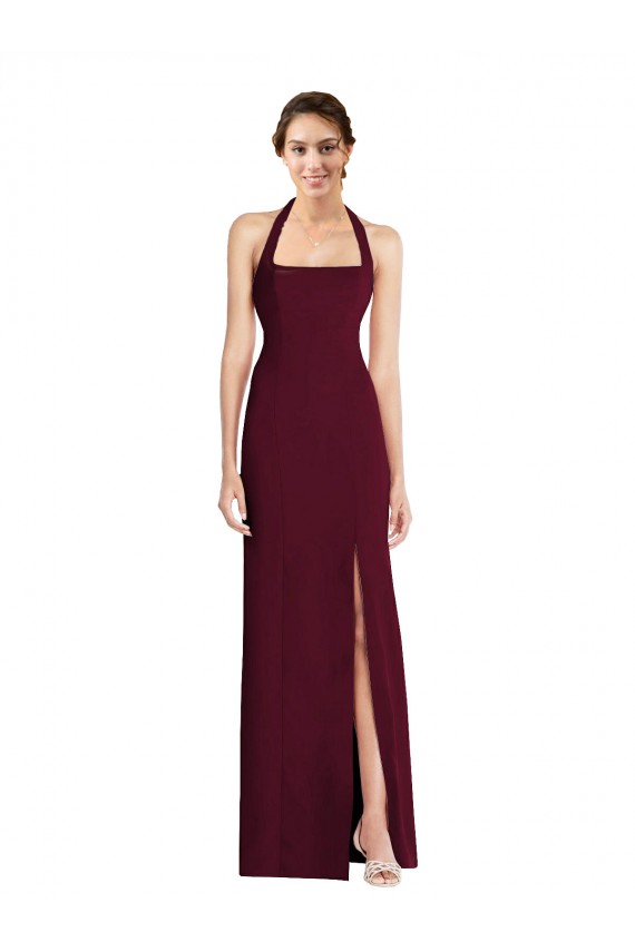 Ouro Borgonha Trombeta Cabeçada Crepe Esticado Longo Vestidos de Madrinha / Vestidos de Festa Outlet