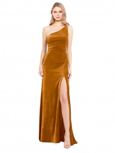 Ouro Linha A Um Ombro Veludo Elástico Longo Formais Vestidos de Madrinha / Vestidos de Festa Outlet