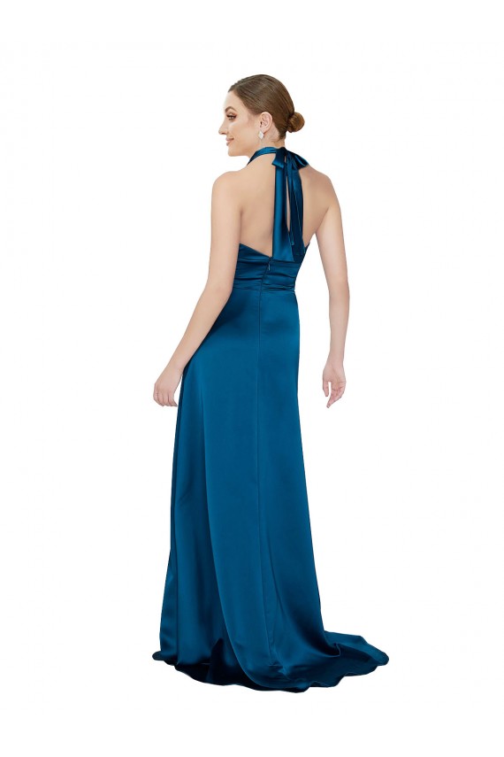Pavão Azul Linha A Cabeçada Cetim Sedoso Longo Formais Vestidos de Madrinha / Vestidos de Festa Outlet