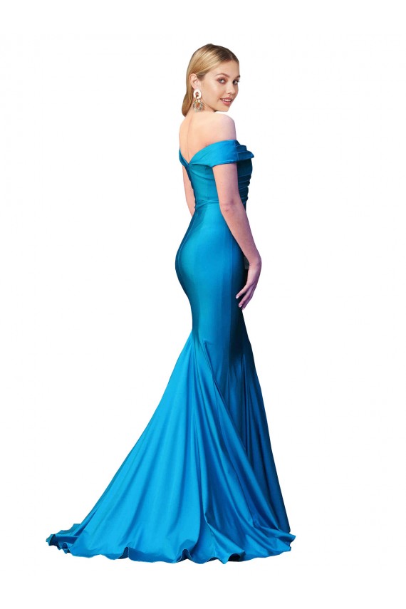 Pavão Azul Sereia Fora do Ombro Cetim Longo Formais Vestidos de Madrinha / Vestidos de Festa Outlet