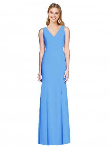Pavão Azul Trombeta Decote V Crepe Esticado Longo Vestidos de Madrinha / Vestidos de Festa Outlet