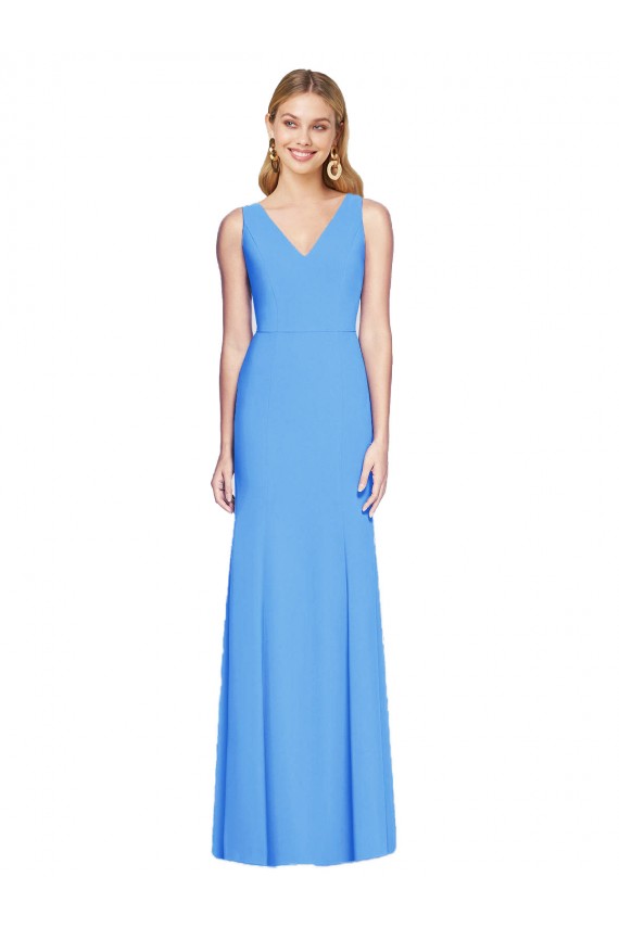 Pavão Azul Trombeta Decote V Crepe Esticado Longo Vestidos de Madrinha / Vestidos de Festa Outlet