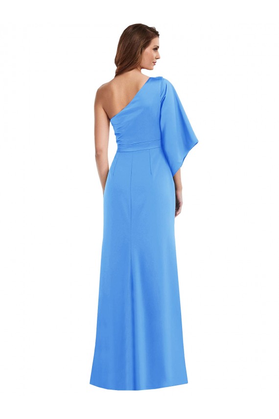 Pavão Azul Trombeta Um Ombro Crepe Esticado Longo Vestidos de Madrinha / Vestidos de Festa Outlet
