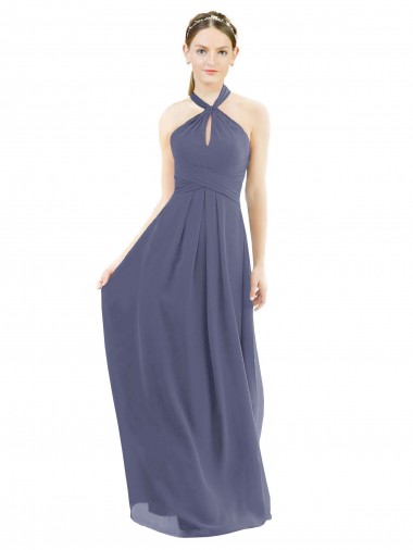 Pedra Prateada Chiffon Linha A Lombar Cabeçada Longo Vestidos de Madrinha Outlet
