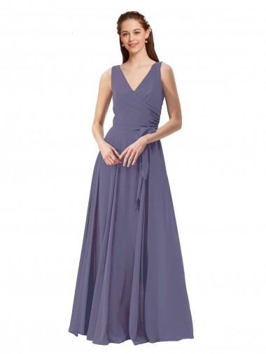 Pedra Prateada Linha A Decote V Chiffon Longo Vestidos de Madrinha Outlet