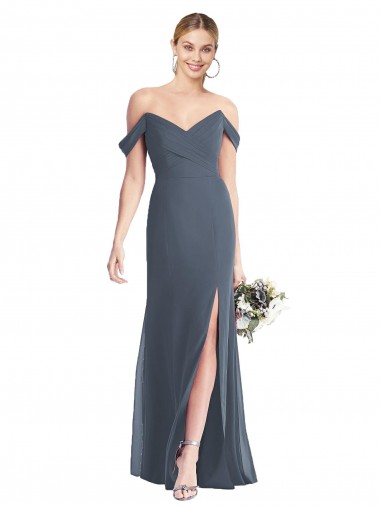Pedra Prateada Trombeta Fora do Ombro Chiffon Longo Vestidos de Madrinha Outlet