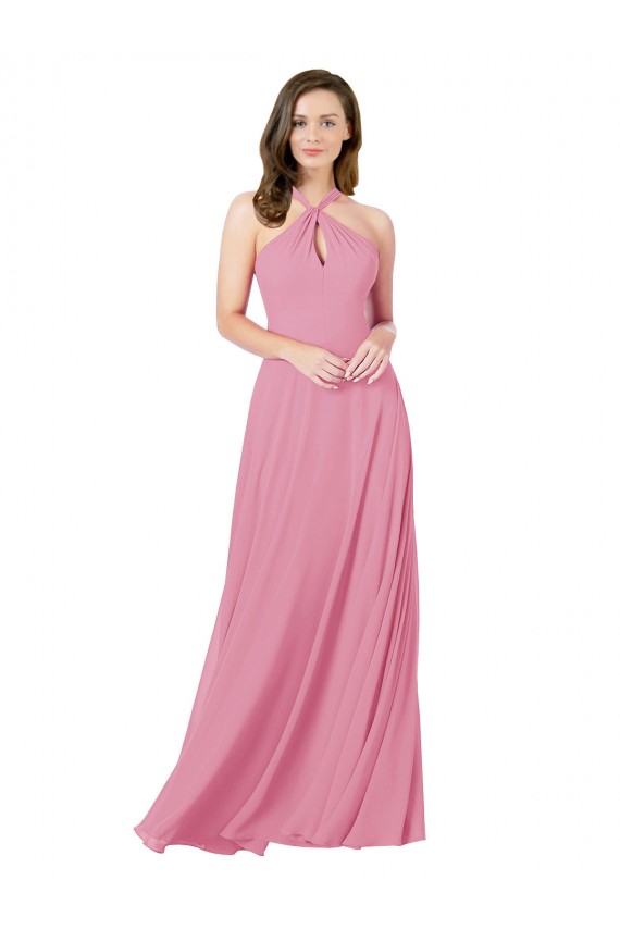 Pele Rosa Linha A Cabeçada Chiffon Longo Vestidos de Madrinha / Vestidos de Festa Outlet