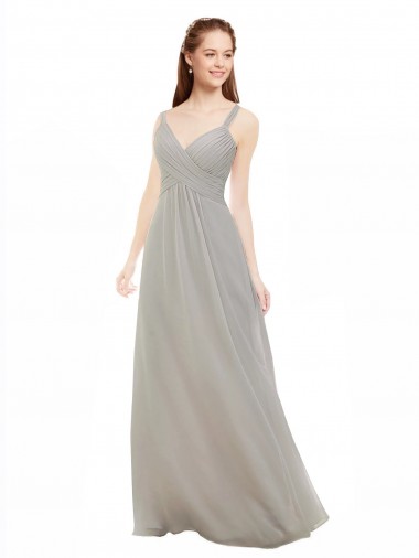 Prata Chiffon Linha A Criss Cruz Decote V Longo Vestidos de Madrinha Outlet