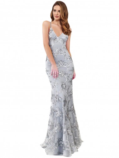 Prata Sereia Decote V Crepe Esticado & Lantejoulas Tule Longo Formais Vestidos de Madrinha / Vestidos de Festa Outlet