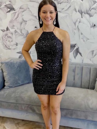 Preto Bainha Cabeçada Curto Lantejoulas Veludo Curto Lantejoulas Veludo Vestidos de Festa Outlet