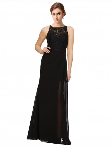 Preto Bainha Decote Alto Chiffon & Renda Longo Vestidos de Madrinha Outlet
