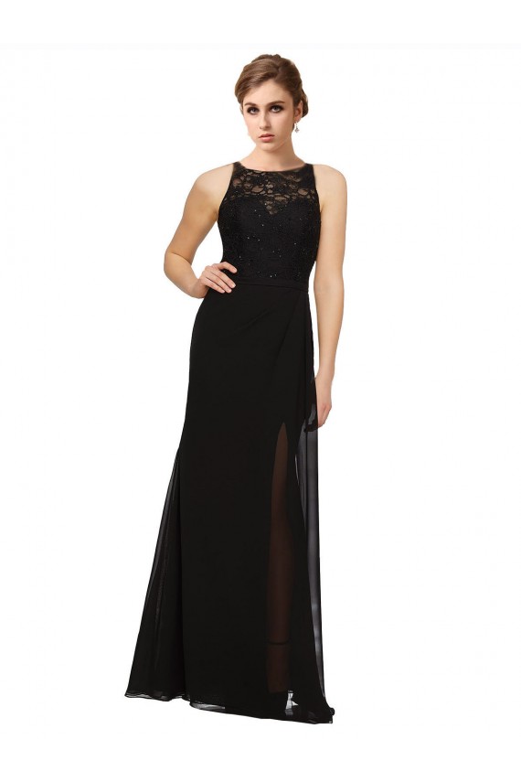 Preto Bainha Decote Alto Chiffon & Renda Longo Vestidos de Madrinha Outlet