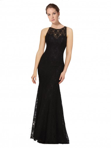 Preto Bainha Decote Joia Renda Longo Vestidos de Madrinha Outlet
