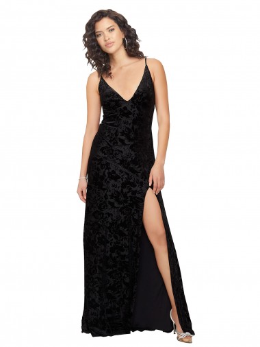 Preto Bainha Decote V Veludo Floral & Veludo Elástico Longo Vestidos de Madrinha Outlet