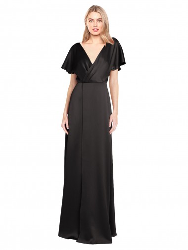 Preto Cetim Elástico Linha A Abrir de volta Decote V Longo Formais Vestidos de Madrinha / Vestidos de Noite / Vestidos de Festa Outlet