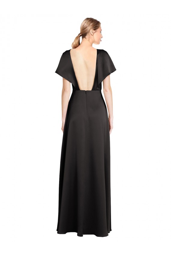 Preto Cetim Elástico Linha A Abrir de volta Decote V Longo Formais Vestidos de Madrinha / Vestidos de Noite / Vestidos de Festa Outlet