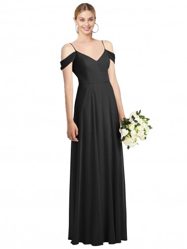 Preto Chiffon Linha A Alças finas Longo Vestidos de Madrinha Outlet