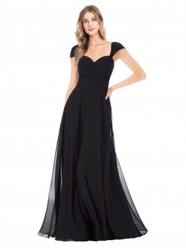 Preto Chiffon Linha A Mangas Curtas Amor Longo Vestidos de Madrinha Outlet