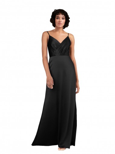 Preto Coluna Decote V Alto Baixo Cetim Sedoso Longo Alto Baixo Formais Vestidos de Madrinha / Vestidos de Festa Outlet