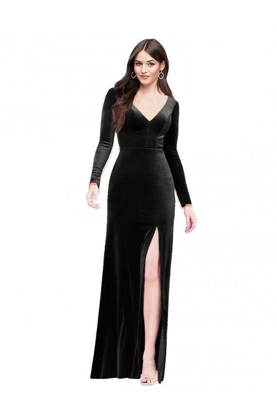 Preto Coluna Decote V Veludo Elástico Longo Formais Vestidos de Madrinha / Vestidos de Festa Outlet