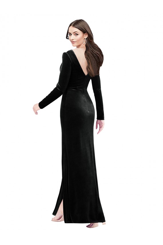 Preto Coluna Decote V Veludo Elástico Longo Formais Vestidos de Madrinha / Vestidos de Festa Outlet