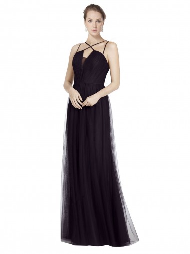 Preto Linha A Alças finas Tule Longo Vestidos de Madrinha Outlet
