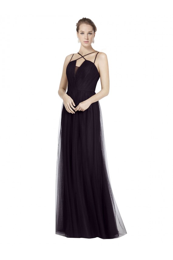 Preto Linha A Alças finas Tule Longo Vestidos de Madrinha Outlet
